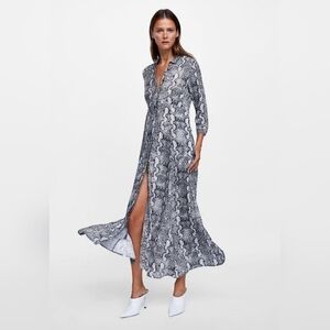 Zara Black And Grey Snake Print Long Shirt Dress Button Down Size XS